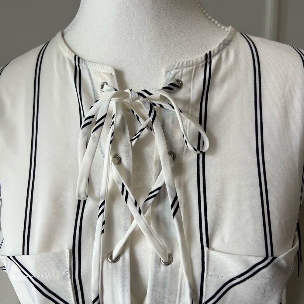 Forever 21 Cream and Black Striped Blouse -Lace-Up Neckline | Size M